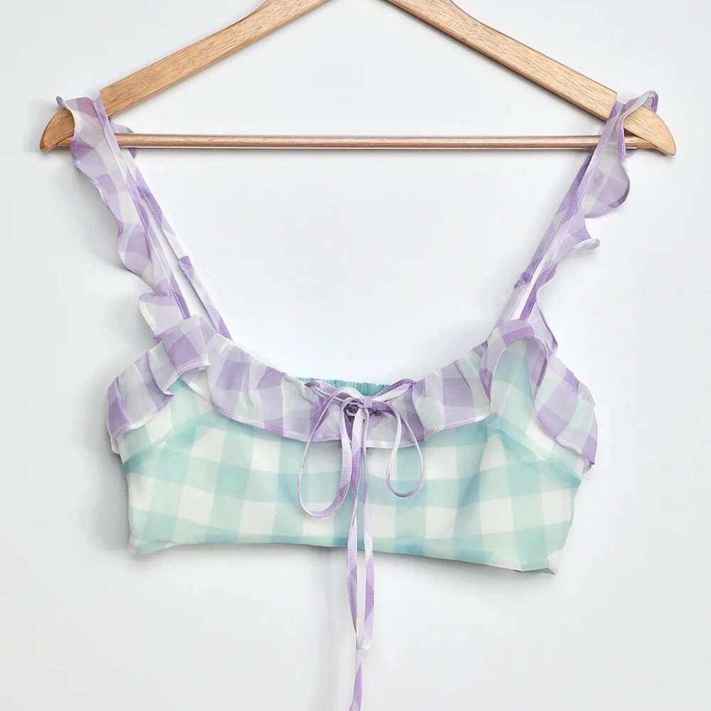 Lulu's Mint Green and Lavender Gingham Ruffle Crop Top